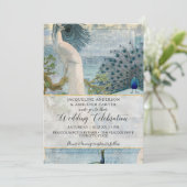 Blue White Peacock Elegantes Vintages Script Monog Einladung (Stehend Vorderseite)