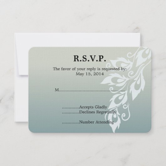 Blue White Peacock Feather Wedding RSVP Karte (Vorderseite)