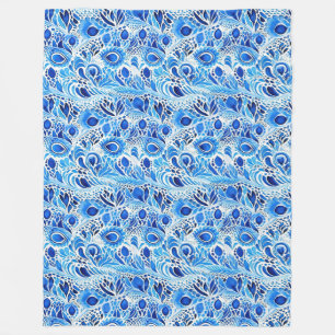 Blue White Peacock Feathers Fleecedecke