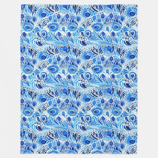 Blue White Peacock Feathers Fleecedecke (Vorderseite)