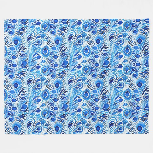 Blue White Peacock Feathers Fleecedecke (Vorderseite (Horizontal))