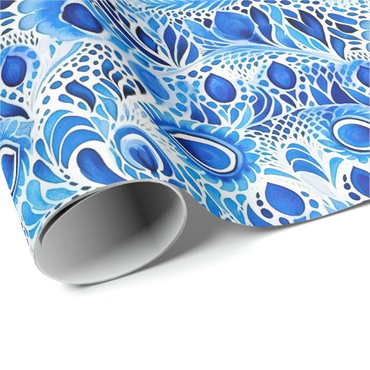 Blue White Peacock Feathers Geschenkpapier (Rolleneckpunkt)