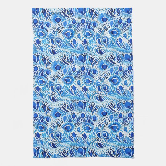 Blue White Peacock Feathers Geschirrtuch (Vertikal)