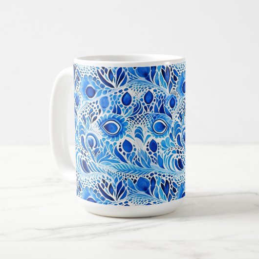 Blue White Peacock Feathers Kaffeetasse (Vorderseite Links)