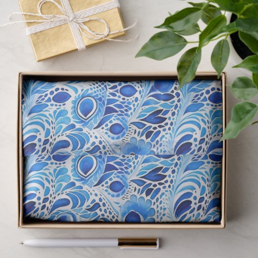 Blue White Peacock Feathers Seidenpapier (Geschenk)