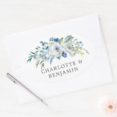 Blue White Peony Floral Custom Garden Wedding Ovaler Aufkleber (Umschlag)