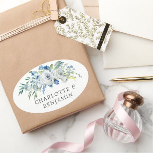 Blue White Peony Floral Custom Garden Wedding Ovaler Aufkleber