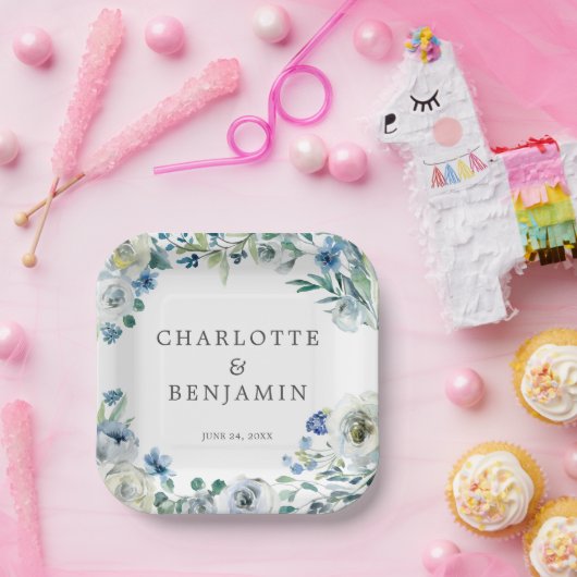 Blue White Peony Floral Custom Spring Wedding Pappteller (Party)