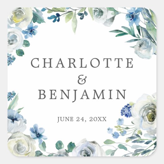 Blue White Peony Floral Custom Spring Wedding Quadratischer Aufkleber (Vorderseite)