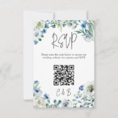 Blue White Peony Floral Spring Wedding QR Code RSVP Karte (Vorderseite)