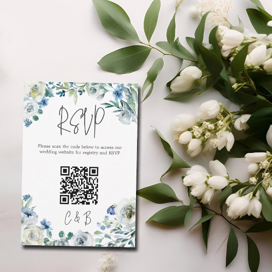 Blue White Peony Floral Spring Wedding QR Code RSVP Karte