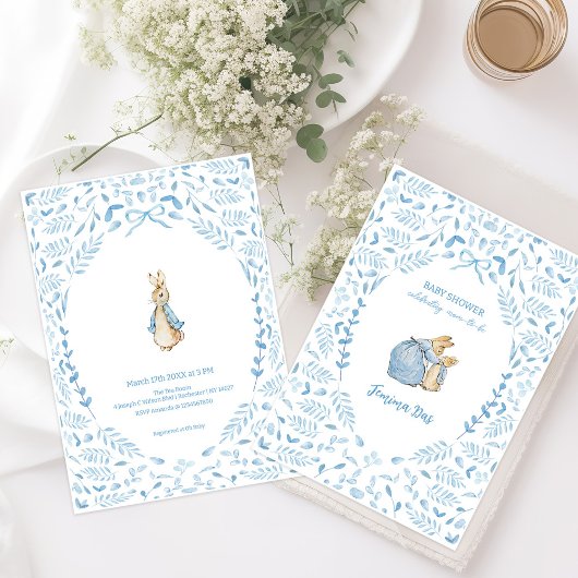 Blue White Peter the Rabbit Beatrix Baby Dusche Einladung