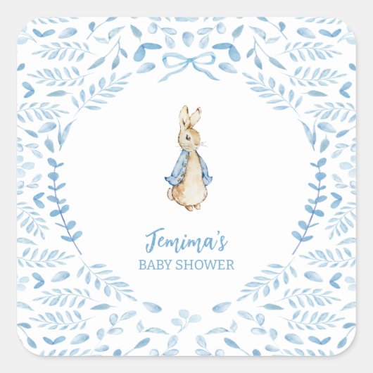 Blue White Peter the Rabbit Beatrix Baby Dusche Quadratischer Aufkleber (Vorderseite)