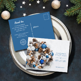 Blue White Pine Wreath Business Feiertagspostkarte