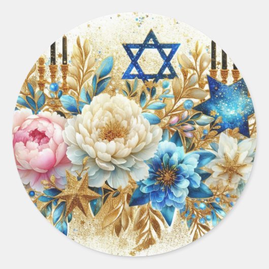 Blue white pink peonies glitter sparkle watercolor runder aufkleber (Vorderseite)