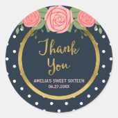 Blue & White Polka Dot, Blush Pink Roses Vielen Da Runder Aufkleber (Vorderseite)