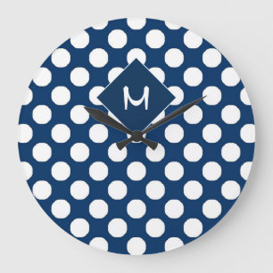 Blue White Polka Dot Pattern Monogram Große Wanduhr