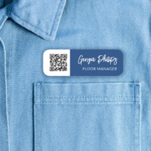 Blue & White QR Code Brush-Skript Namensschild