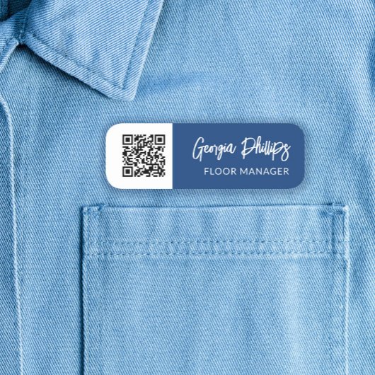 Blue & White QR Code Brush-Skript Namensschild