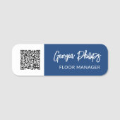 Blue & White QR Code Brush-Skript Namensschild (Vorderseite)