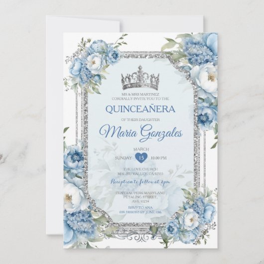 Blue & White Quinceañera Silver Crown 15 Anos Einladung (Vorderseite)