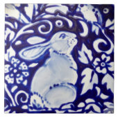 Blue & White Rabbit Bird Floral Dedham Tile Trivet Fliese (Vorderseite)