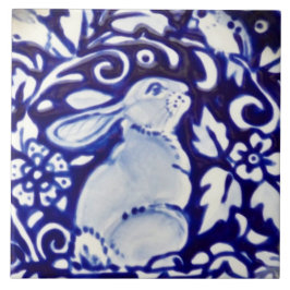 Blue & White Rabbit Bird Floral Dedham Tile Trivet Fliese