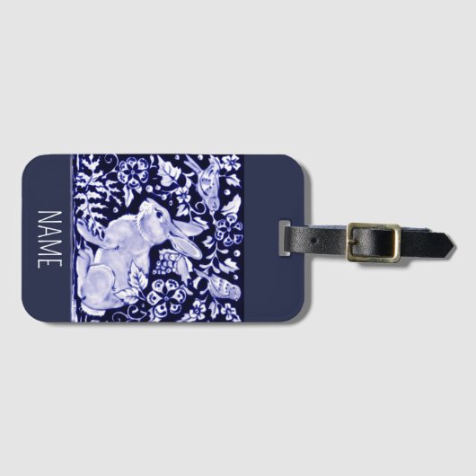 Blue & White Rabbit Bird Gepäckmarke personalisier Gepäckanhänger (Vorderseite (Horizontal))