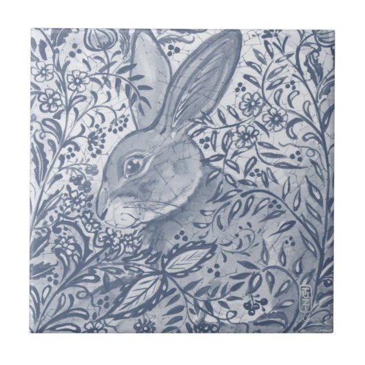 Blue White Rabbit Botanical Delft Dedham Painting Fliese (Vorderseite)