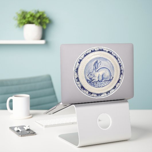 Blue & White Rabbit Bunny Delft Dedham Round Aufkleber (Laptop auf Schreibtisch)