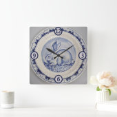 Blue & White Rabbit Bunny Pottery China Dedham Art Quadratische Wanduhr (Zuhause)