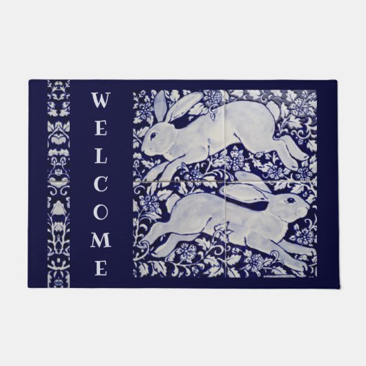 Blue White Rabbit Bunny Welcome Tile Art Grosse Fußmatte (Vorderseite)