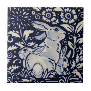 Blue White Rabbit Family Chinoiserie Navy Fliese