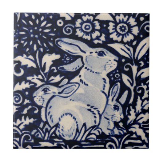 Blue White Rabbit Family Chinoiserie Navy Fliese (Vorderseite)