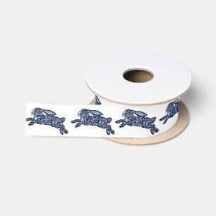 Blue & White Rabbit Floral Delft Dedham Bunny Satinband