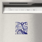 Blue & White Rabbit Hare Art Deco Tile Scroll Magnet (In Situ (Geschirrspüler))