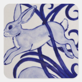 Blue & White Rabbit Hare Art Deco Tile Scroll Quadratischer Aufkleber