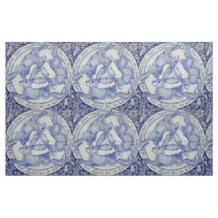 Blue White Rabbit Hare Bird Trio Medallion Fabric Stoff