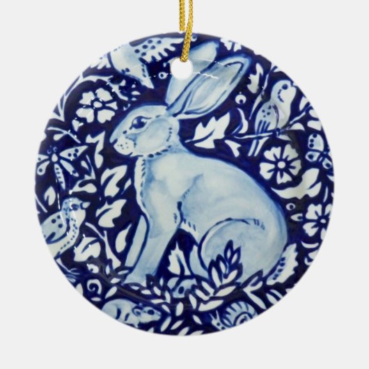 Blue & White Rabbit Hare Bunny Christmas Woodland Keramik Ornament (Vorne)