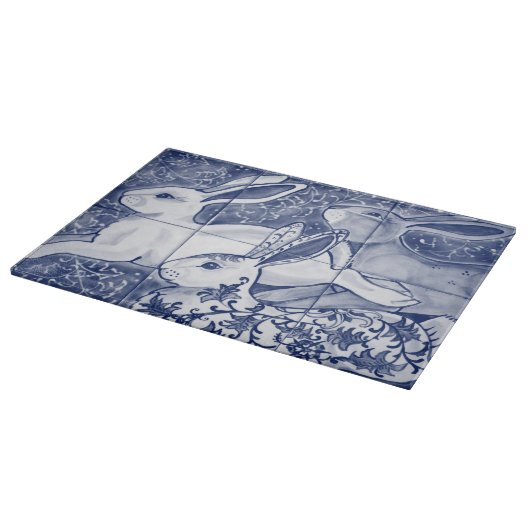 Blue White Rabbit Hare Tiled Chinoiserie Floral  Schneidebrett (Ecke)
