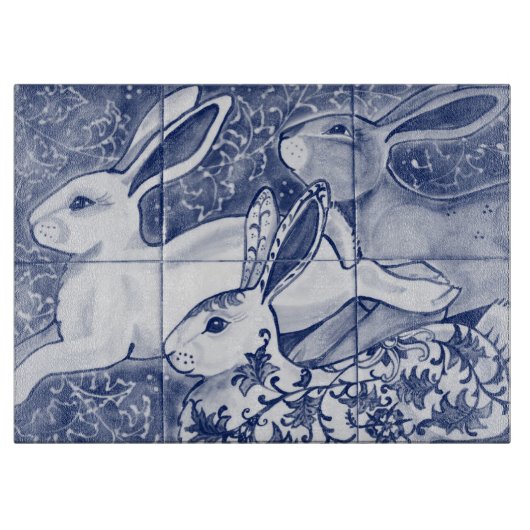 Blue White Rabbit Hare Tiled Chinoiserie Floral  Schneidebrett (Vorderseite)