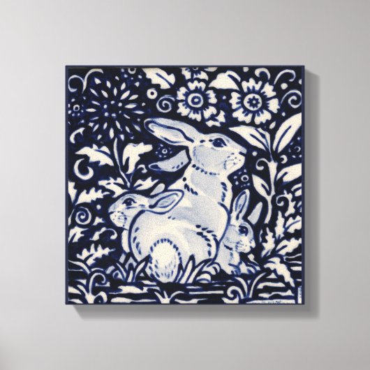 Blue & White Rabbit Spring Floral Baby Bunny Art Leinwanddruck (Vorderseite)