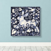 Blue & White Rabbit Summer Floral Bird Chinois Art Leinwanddruck (Insitu (Holzboden))