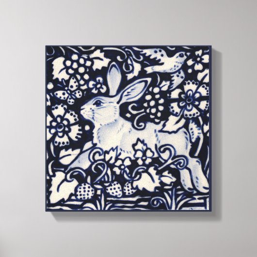 Blue & White Rabbit Summer Floral Bird Chinois Art Leinwanddruck (Vorderseite)