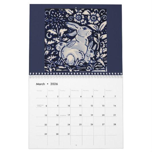 Blue & White Rabbit Tile Art Calendar Cobalt Navy Kalender (Mär 2026)