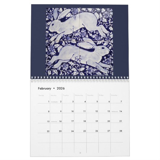 Blue & White Rabbit Tile Art Calendar Cobalt Navy Kalender (Feb 2026)
