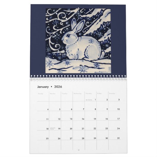 Blue & White Rabbit Tile Art Calendar Cobalt Navy Kalender (Jan 2026)