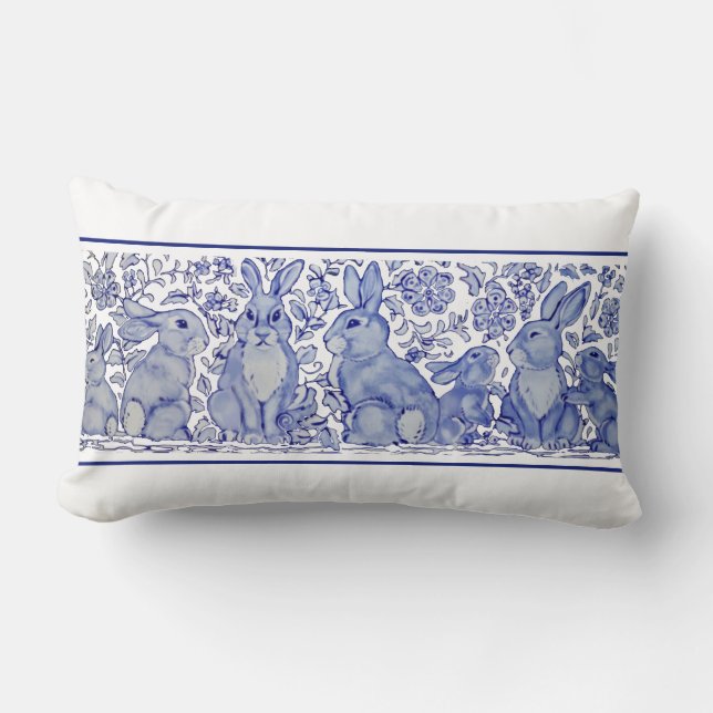 Blue & White Rabbit Woodland Bunny Delft Dedham Lendenkissen (Vorderseite)
