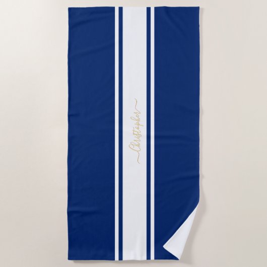 Blue White Racing Stripes Gold Monogram Pool Strandtuch (Vorderseite)