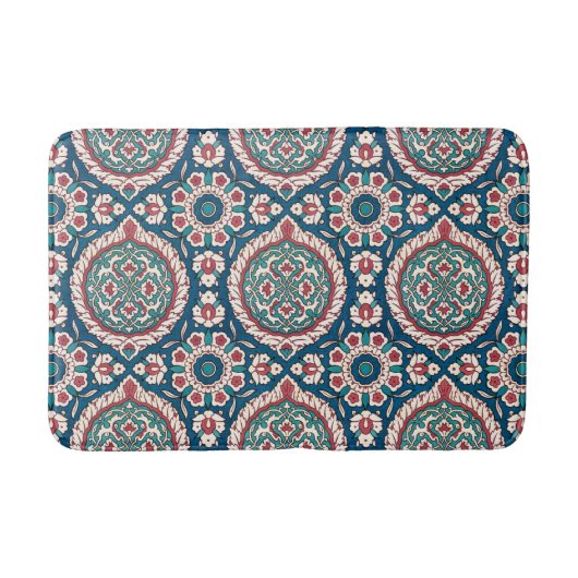 Blue White Red Aquamarin Oriental Azulejo Pattern Badematte (Vorderseite)